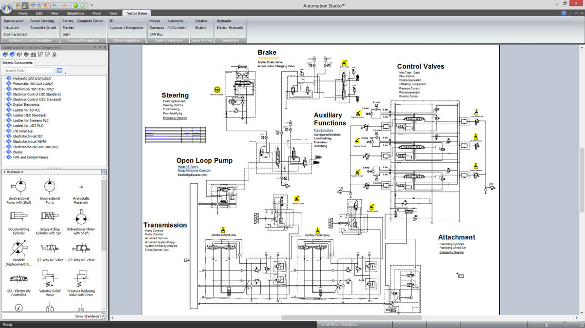 Hydraulikkreis einer mit der Automation Studio-Software simulierten Baumaschine