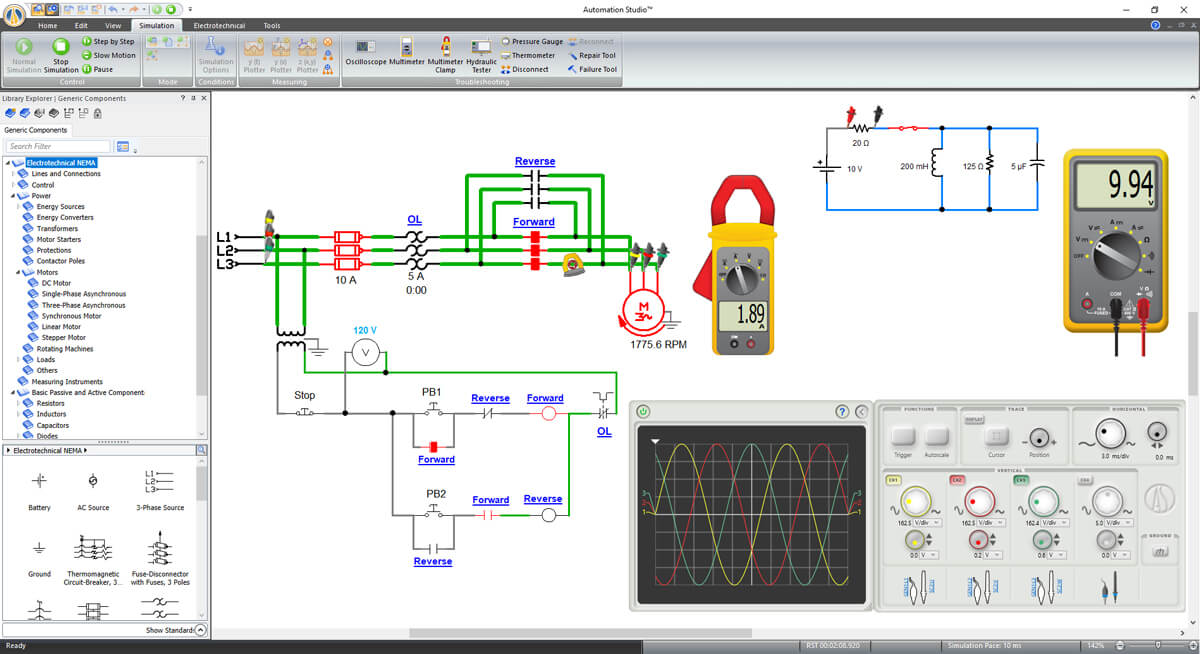 simulación de circuito eléctrico con multímetro en el software Automation Studio