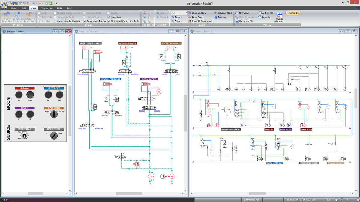 circuit hydraulique et électrique d'une machine de levage simulé avec logiciel Automation Studio