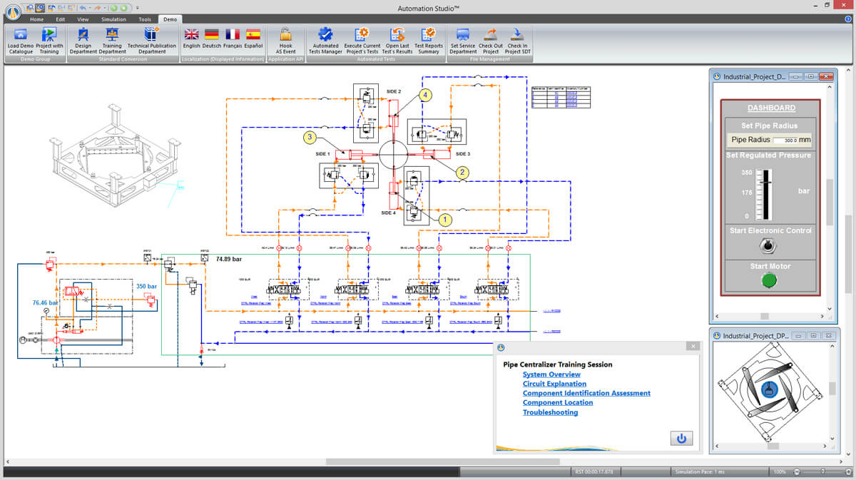 Automation Studio 소프트웨어에서 시뮬레이션된 게이트의 유압 회로