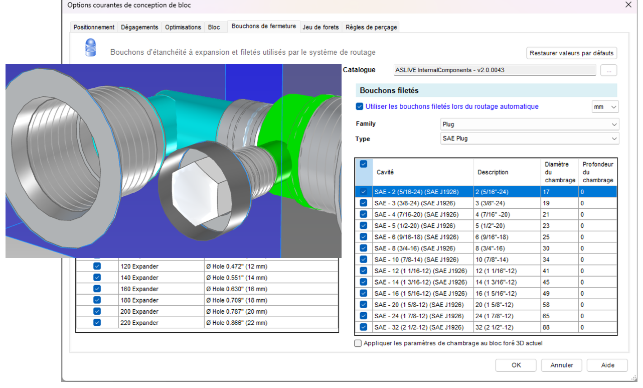 Configuration des chambrages pour les bouchons de fermeture filetés