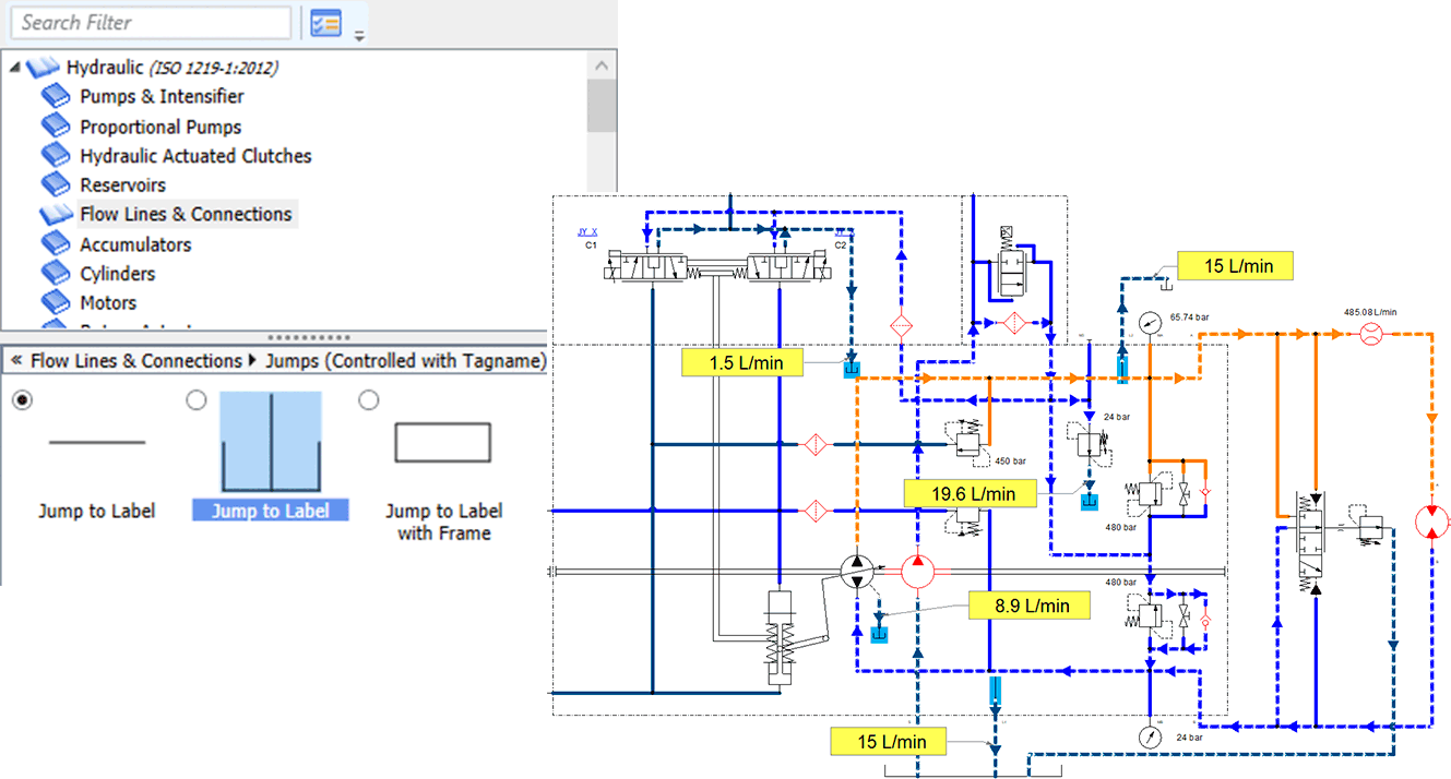 Line jump with reservoir symbol