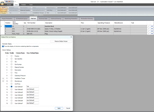 Customization of the Part List (Columns)