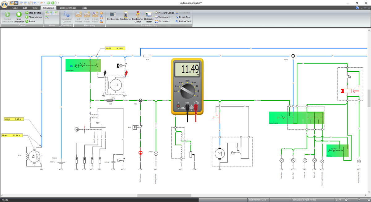 circuito eléctrico para tecnologías automotrices simuladas usando software Automation Studio