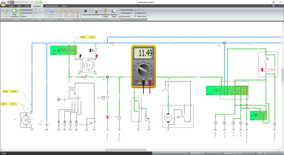 circuito elétrico para tecnologias automotivas simulado usando o software Automation Studio