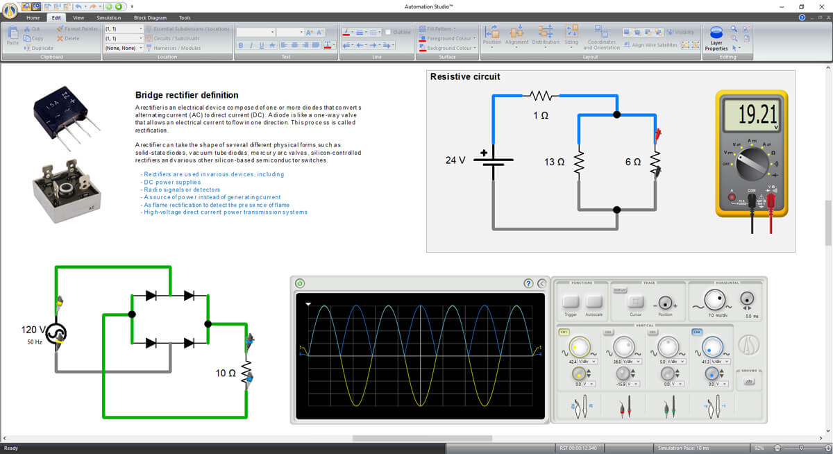 circuito elétrico com osciloscópio simulado no software Automation Studio