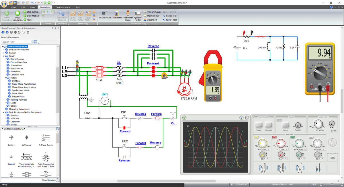 Simulação de circuito elétrico com multímetro no software Automation Studio