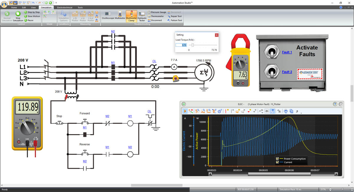 simulación de circuito eléctrico en el software Automation Studio