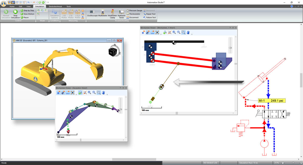 simulation de système hydraulique de godet d'excavatrice avec le logiciel Automation Studio