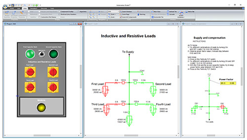 Simulación de circuito eléctrico unifilar con simulación de panel de control del software Automation Studio Edición Profesional