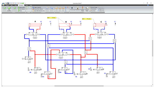 Pneumatic circuit simulated with Automation Studio Professional Edition software