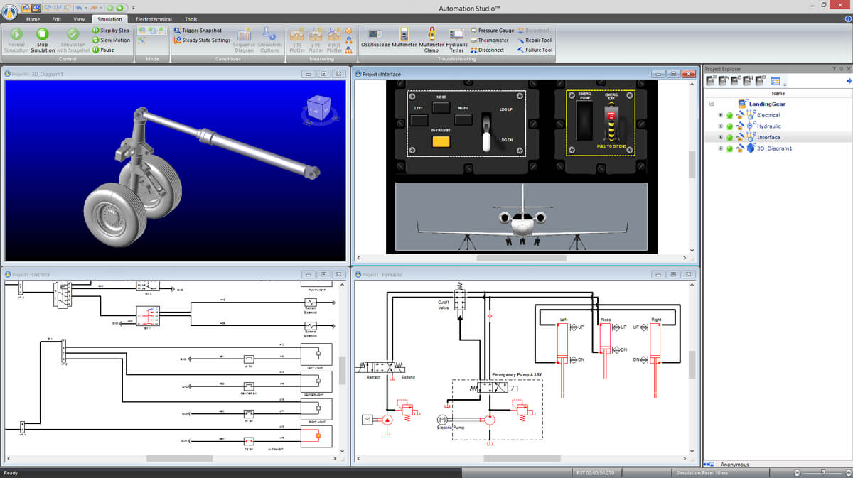 gêmeo digital de um trem de pouso com o software Automation Studio