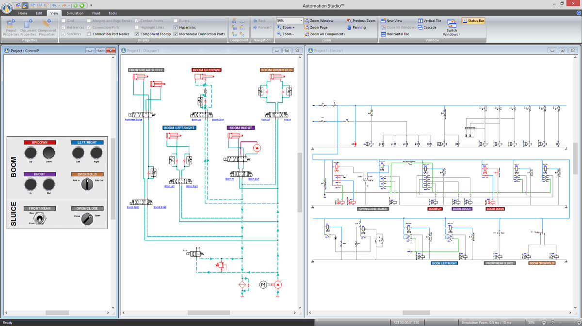 Hydraulik und Elektrik einer mit der Software Automation Studio simulierten Hebemaschine