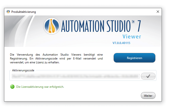 Aktivierungscode für die Automation Studio Viewer Edition